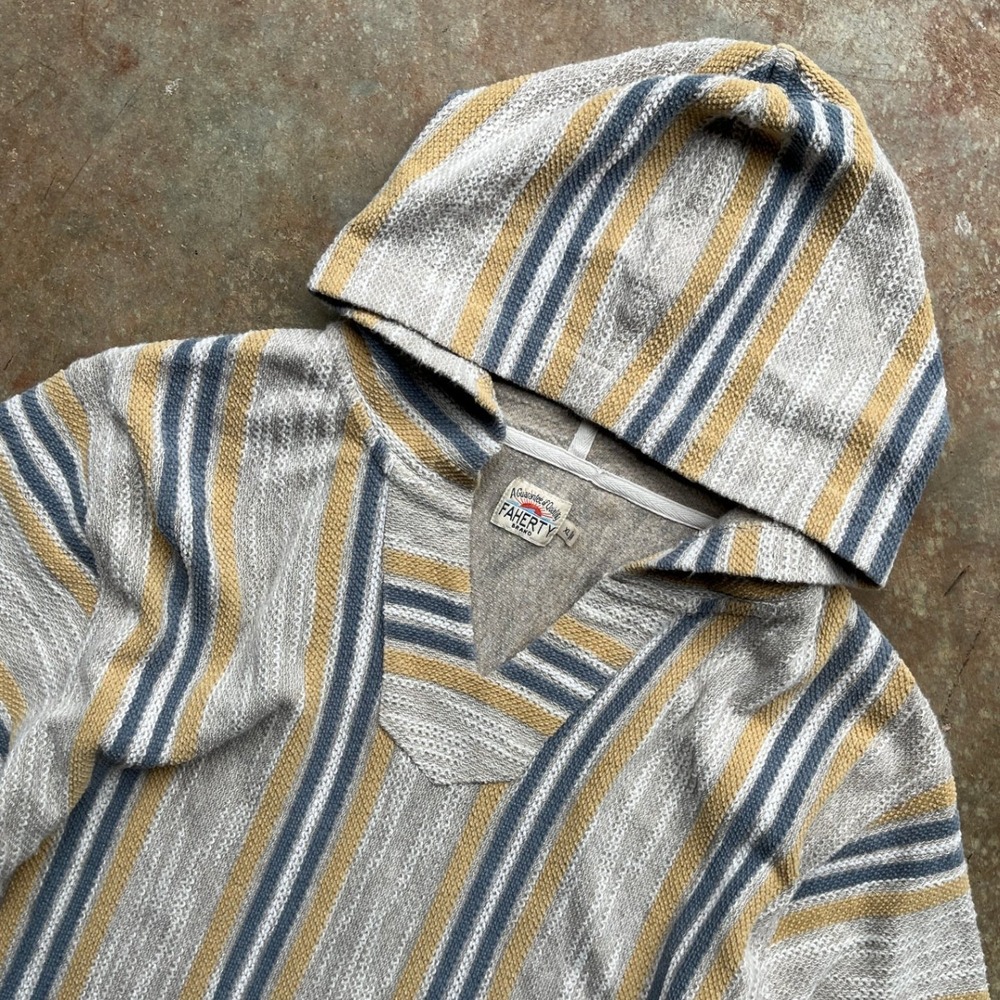 Faherty Mens Striped Baja Hoodie Cotton Knit Pullover Grey Blue MKF2032 XL - Picture 2 of 10